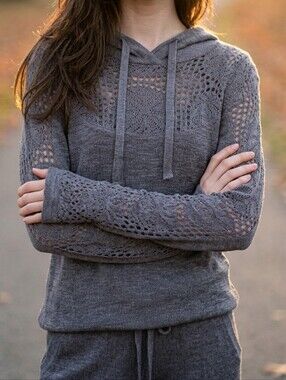 O'Neill Gray Cotton Blend Crochet Knit Hooded Pullover